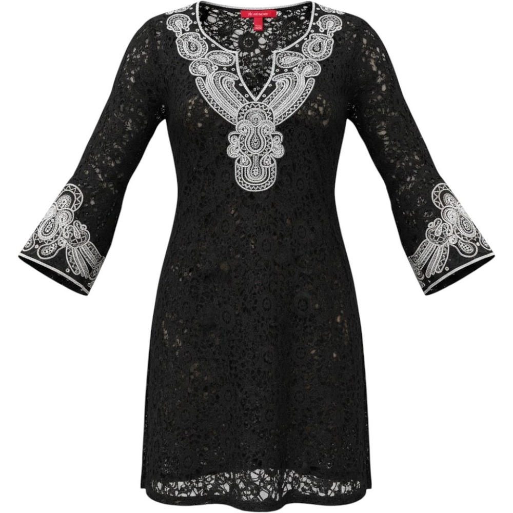 V Cristina Black Cotton Lace Tunic Dress Silver Sequin Beaded Boho Mini Medium